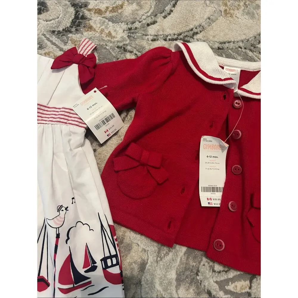 NWT Gymboree Red Cardigan & Sailboat Print Dress Set